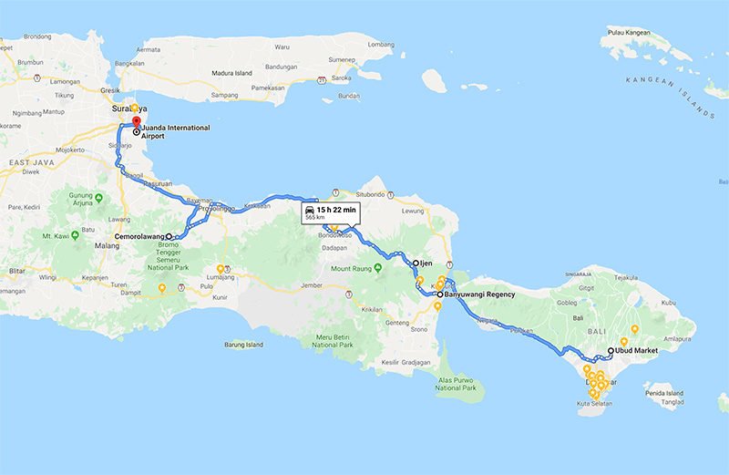 Ijen Blue Fire Bromo Ijen Tour Map 3D2N from Ubud Bali